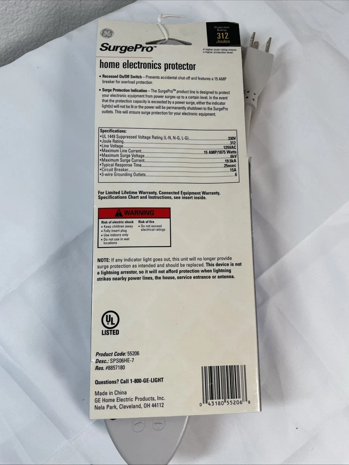 NEW GE SurgePro 6-Outlet Electronics Protector 312 Joules, 3-ft. 14 AWG 3-wire - Image 2 of 4
