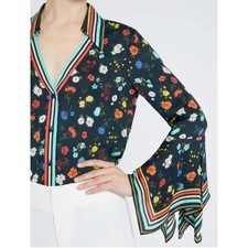 Alice Olivia Randa Black Floral Print Bell Sleeve Button Front Blouse Shirt S