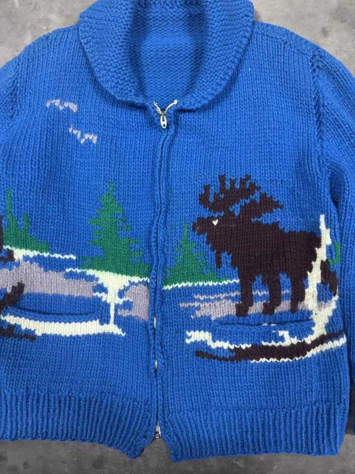 Suéter Vintage Años 50 Caza Alce Azul Cowichan Cremallera Color Raro Talla L/XL Foto 4 de 4