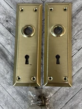 (2) Vintage Escutcheon Rectangular Keyhole Cover Plates Gold Plate 7”