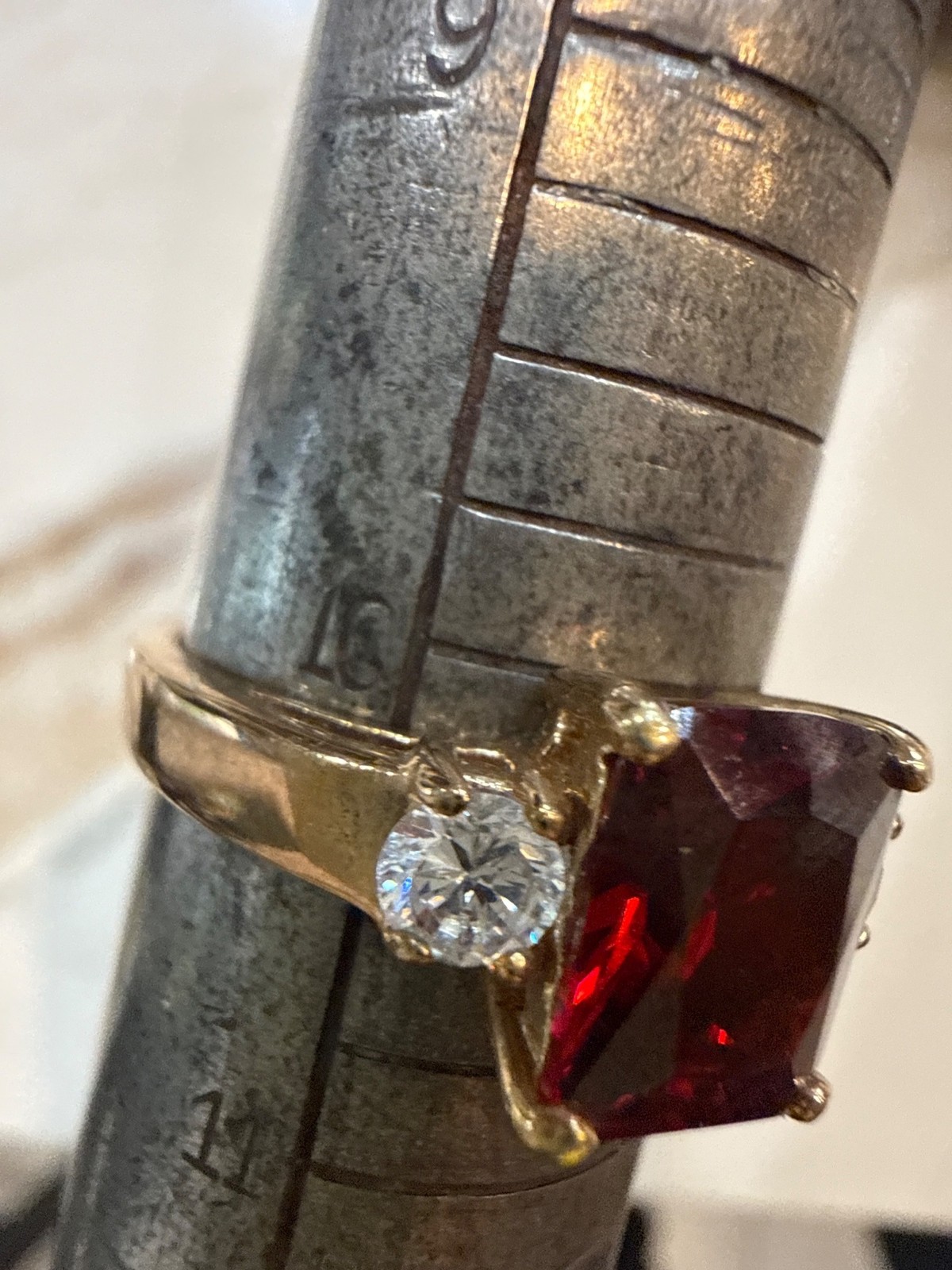 Gold Ring With Rectangular Red Gemstone & Two Whi… - image 7