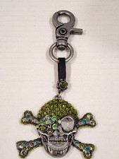 Skull  Crossbones Keychain  Green Rhinestone Bronze Tone Metal Bling Key Hook