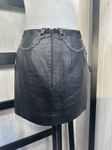 Retro Punk John Richmond Black Leather Skirt, Patches & Chain-Link, Size 4, MINT - Picture 10 of 12