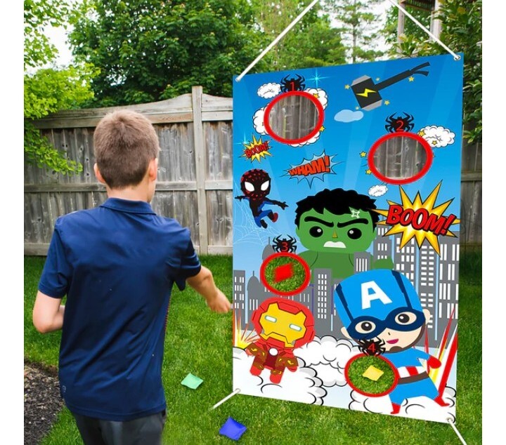superhero themed Bean Bag toss game kids outdoor or indoor birthday party game 