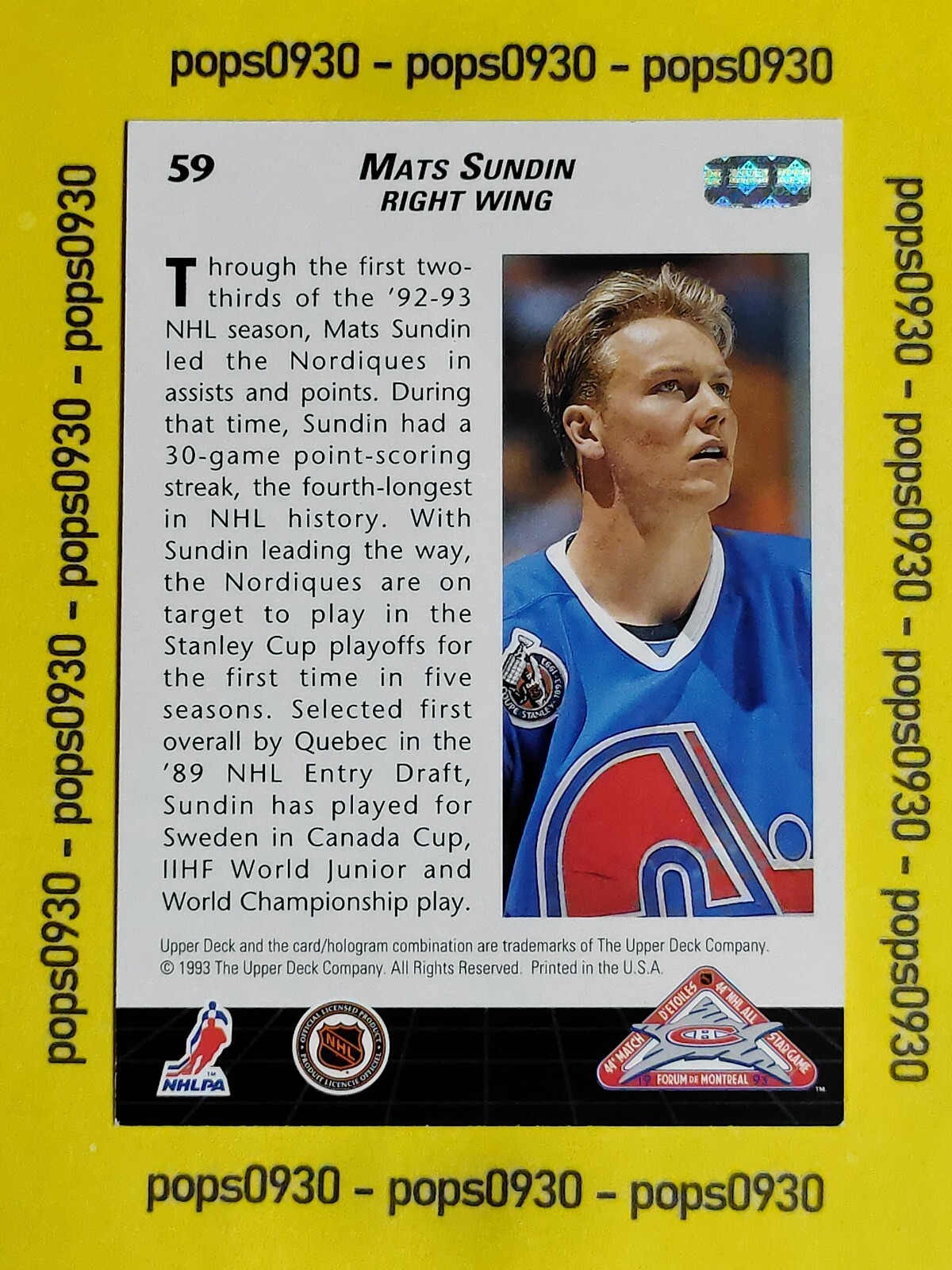 Mats Sundin, Quebec Nordiques, 1993, Upper Deck, Future All Stars, 59