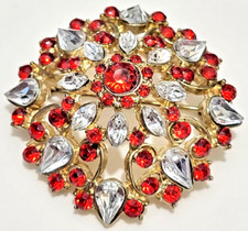 Vintage Ruby Red Clear Rhinestone Dome Filigree Faceted Gold Tone Brooch Pin