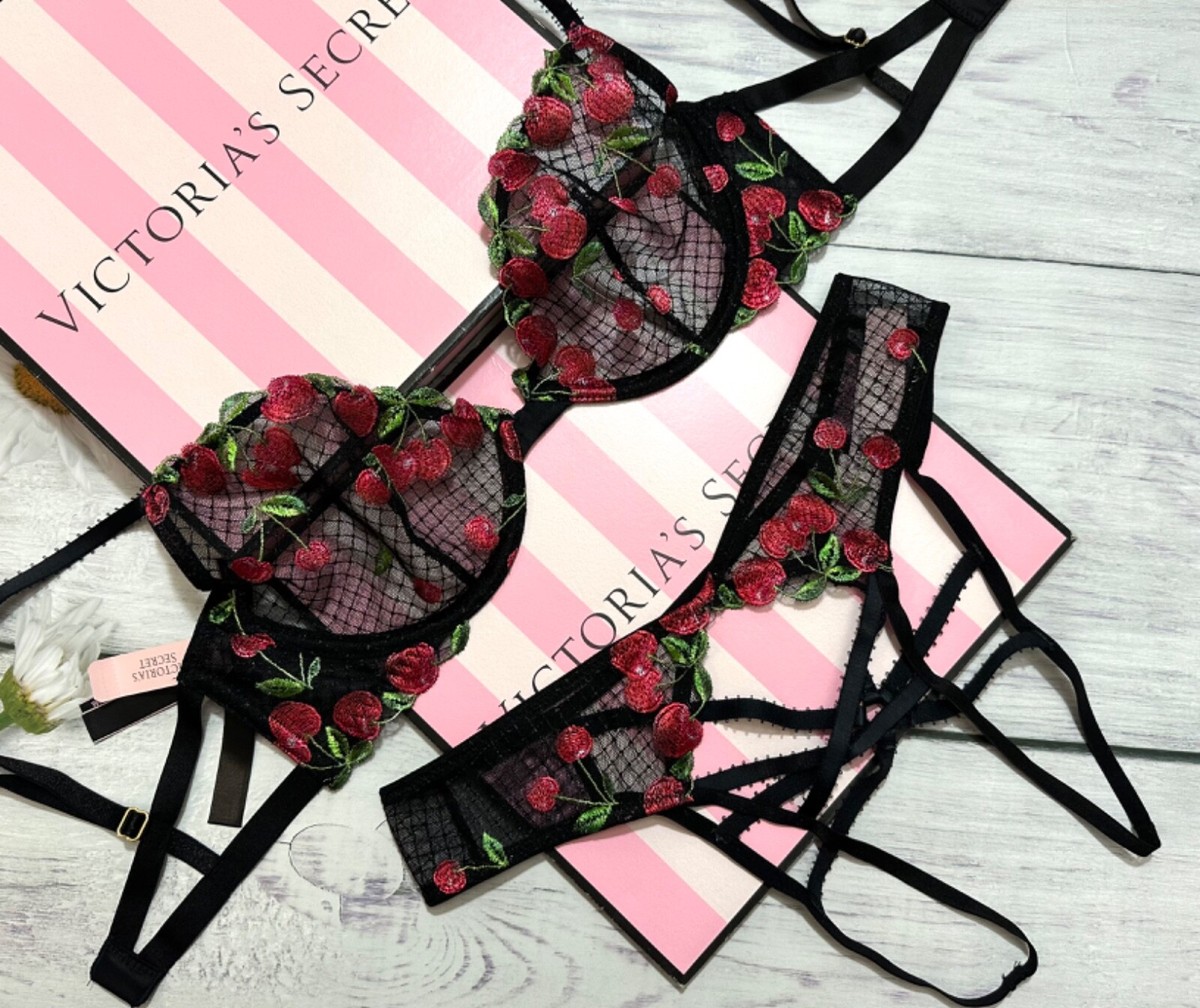 Victoria's Secret Embroidered Low-Cut Demi Bra Set Mesh Black Cherries