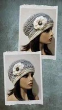 crochet womans handmade flower hat beanie wool blend cream silver puffs new
