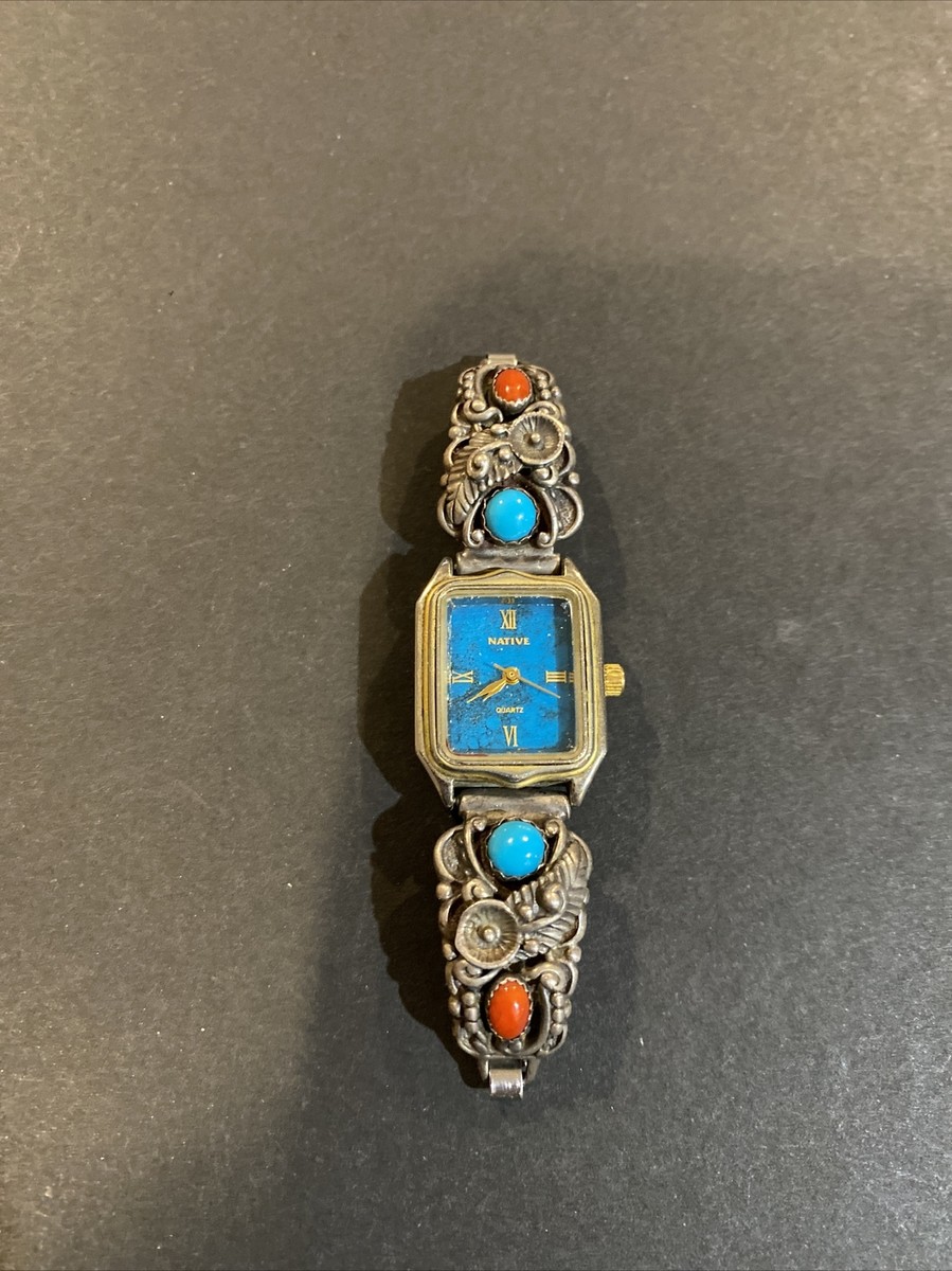 Vintage NATIVE Sterling Silver Turquoise Coral Quartz Watch  display picture 3