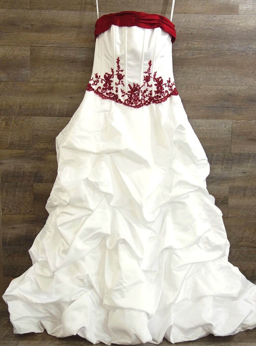 David's Bridal White Apple (Red) Satin Wedding Dress Embroidered Beaded  Size 10