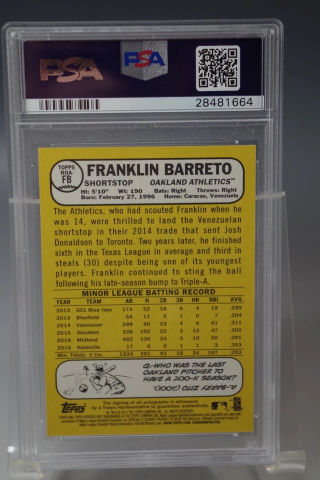 Franklin Barreto 2017 Topps Heritage #FB PSA 10 TARJETA AUTOGRAFIADA CALIFICADA Foto 3 de 3