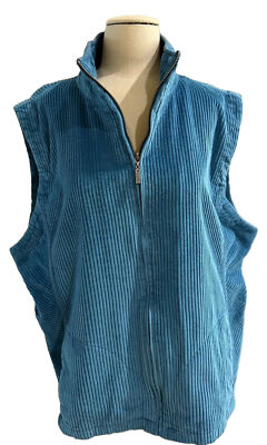 The Vermont Country Store Wide Whale Corduroy Zip Up Vest Teal Blue Women XL-2X*