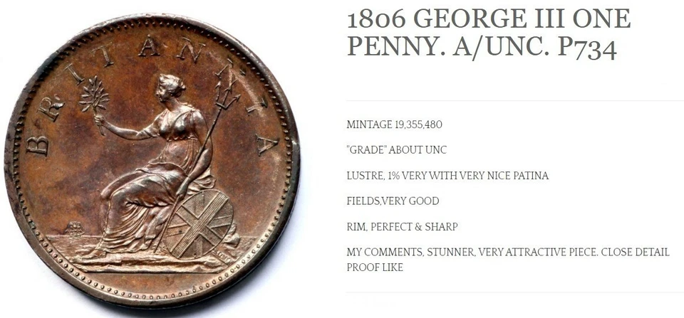 1806 GEORGE III ONE PENNY. A/UNC. P734 VERY GOOD DETAIL PROOF LIKE  - Image 3 of 4