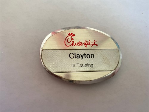 CHICK FIL A RESTAURANT EMPLOYEE SILVER PLASTIC PIN BACK CLAY NAME BADGE CHICK FIL A RESTAURANT EMPLOYEE SILVER PLASTIC PIN BACK CLAY NAME BADGE