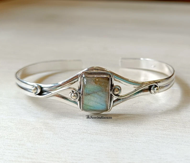 Labradorite Bangle 925 Sterling Silver Bangle, Cuff Adjustable Bangle WomenSV111 - Image 2 of 4