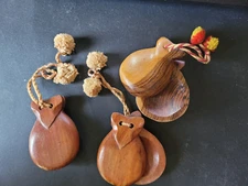 Three Vintage wooden castanets, braided cord, made in South America