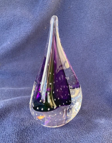 Teardrop Object/Paperweight Bullicante Clear/Purple Signed Adam Jablonski
