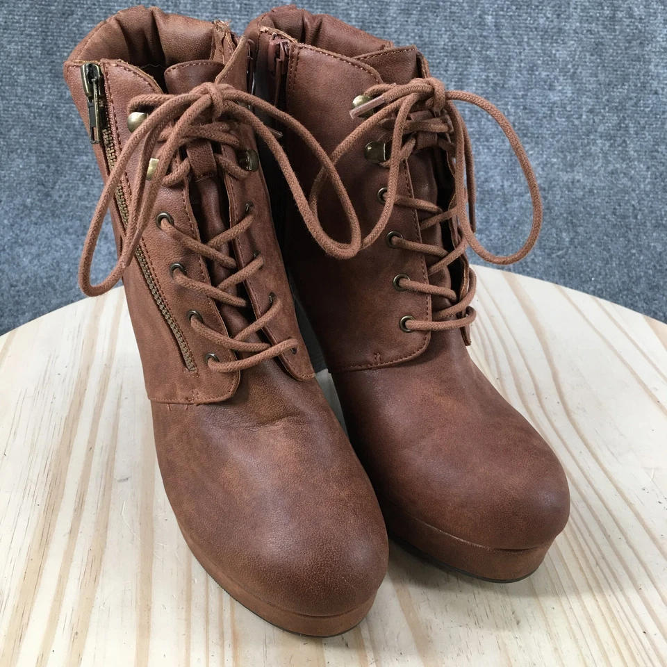 Material Niña Botas Mujer 9.5 Mr Heta Botines Tacones Marrón Imitación Cuero Foto 3 de 4