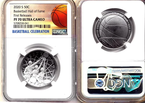 2020-S BASKETBALL HALL OF FAME  50 CENT - NGC  -  PROOF 70 UCAM - FIRST RELEASES