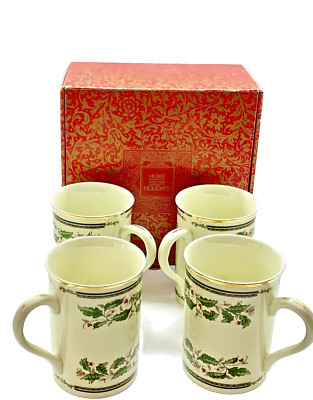 Vintage Set of 4 Konitz Porcelain Coffee Mugs-Home for the Holidays Holly Design