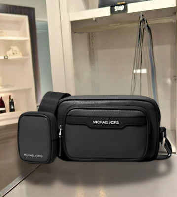 Michael Kors Cooper Men Pebbled Leather Crossbody Camera Bag with Pouch Black