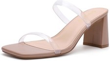 Women's Square Open Toe Heeled Sandals Two Strap Mules Slip On Block Chunky Mid