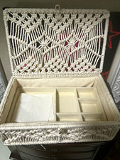 White Vintage Macrame Fabric-Lined Jewelry Bo...
