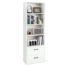 6-Tier 74 Tall Bookcase Bookshelf w/ 4 Open Shelves 2 Large Drawers White
