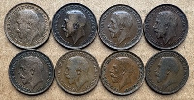 8 COIN LOT GREAT BRITAIN HALF PENNY DIFFERENT DATES 1911-1922 GEORGE V KM# 809