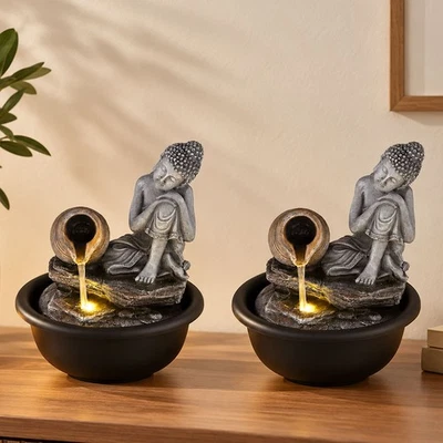 Springbrunnen Tischbrunnen Buddha Asia Zierbrunnen Deko grau LED H 19 cm 2er Set - Bild 1 von 4