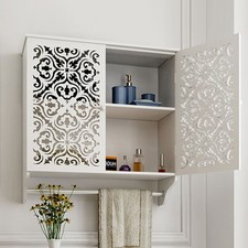 Bathroom Wall Mounted Cabinet Double Door Vanity Storage Cupboard with Towel Rod