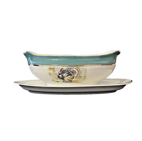 Gravy Boat Attached Plate Governors Mansion Vogue Arlington Turkey Teal/Gold