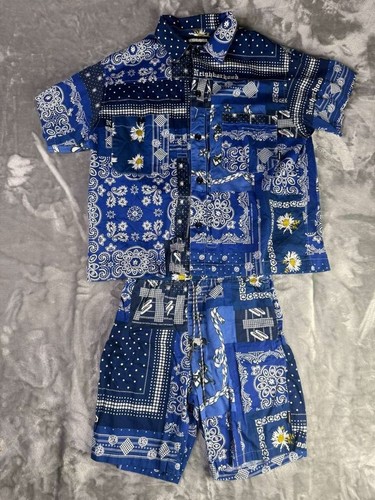 Neighborhood, Neighborhood Blue Paisley Patchwork Japanese Brand Shirt And Shorts Set Sz L/S