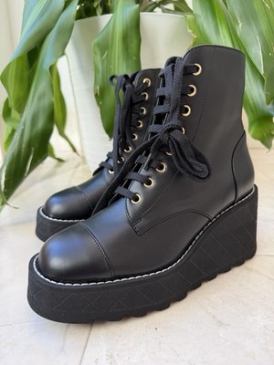 Chanel 2024 Platform CC Logo Combat Wedge Lambskin Lace Up Ankle