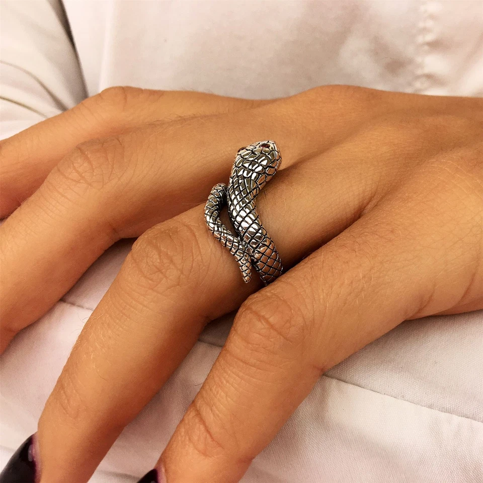 Silverly Anello Argento 925 Ossidato Serpente Attorcigliato Occhio Rosso - Immagine 3 di 4