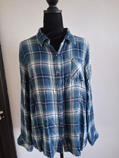 Country Living Women’s L Blue Plaid Button Shirt Lace-Back Roll-Tab Sleeves