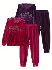 4 Piece Girls Velour Tracksuit Set Graphic Print Hoodies and Sweatpants Athle...