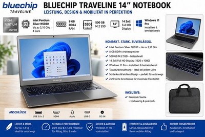 TraveLine BlueChip 14   Notebook Intel Bis 3,1GHz 500GB M.2 8GB W11 Pro+ Tasche