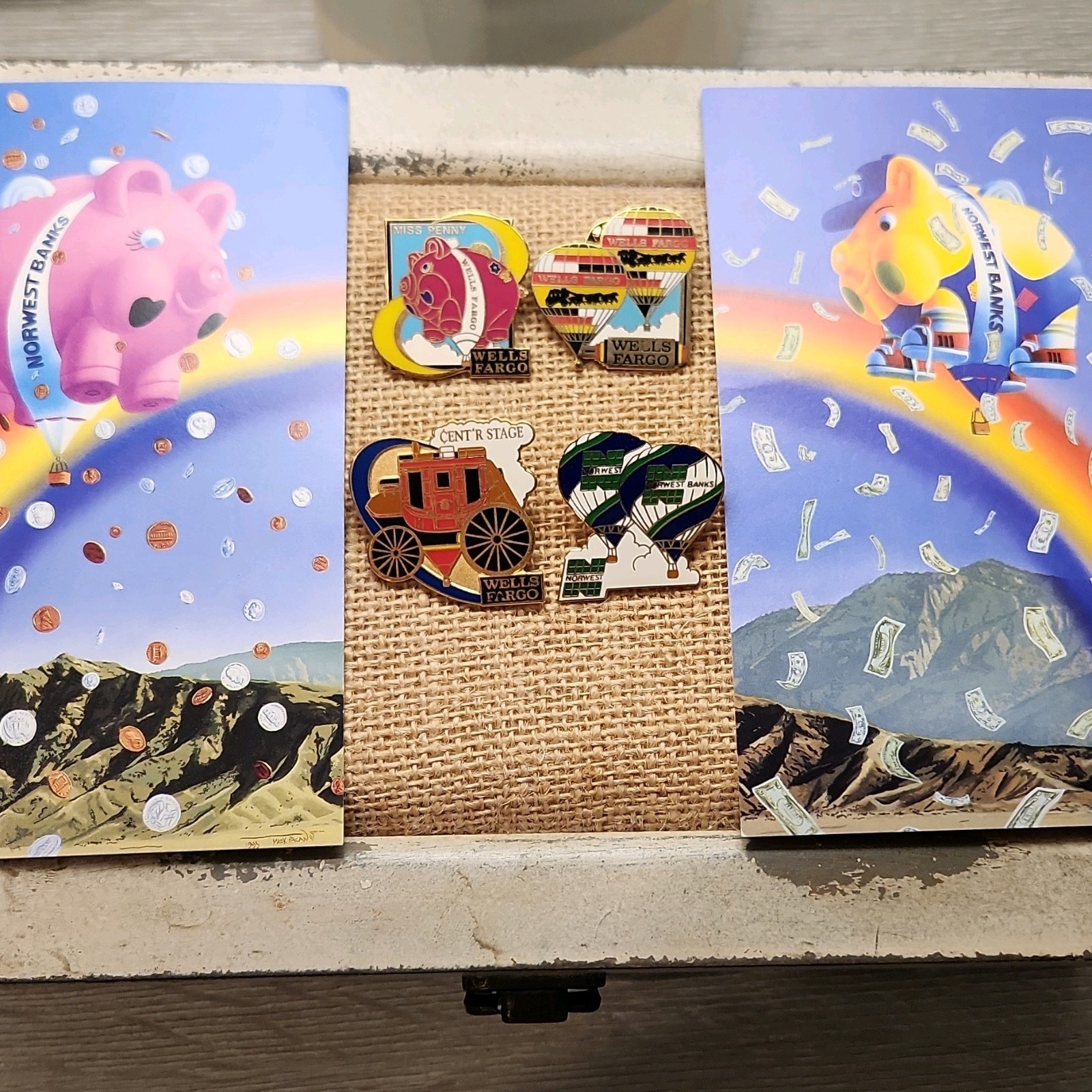 Vintage Hot Air Balloon Enamel Pin  Set - Wells Fargo And Norwest Bank
