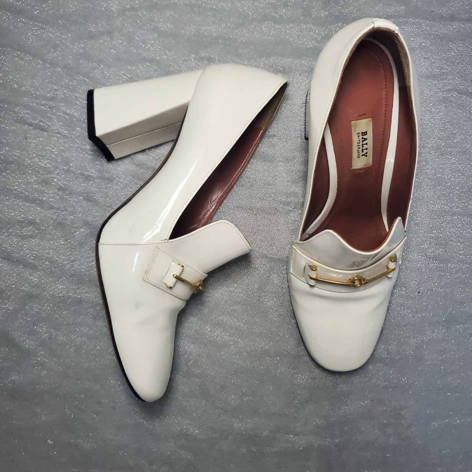 Bally Lisia Cream Patent Leather Horsebit Loafer Block Heels Made in Italy 39