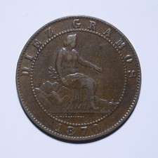 1870 Spain 10 Centimos Provisional Govt Bronze Coin XF KM663 Lot 1401