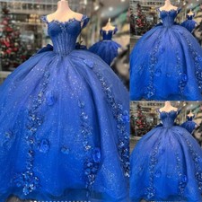 Royal Blue Quinceanera Dress 3D Flower Off Shoulder Sweet 16 Glitter Ball Gown