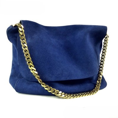 CELINE Gourmette Medium Chain Shoulder Bag Suede Blue Ocean Vintage Logo