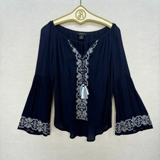 Karen Kane Embroidered Blouse XS Blue Tassel Bell Sleeve Boho Chic Earthy Hippie