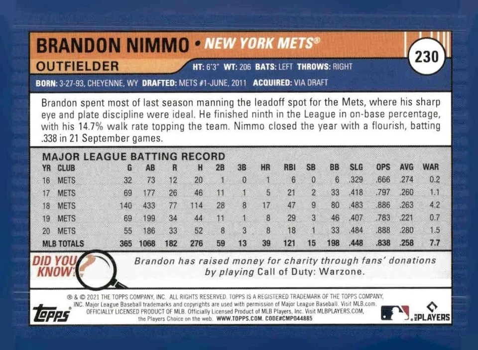 2021 Topps Big League #230 Brandon Nimmo - Image 2 of 2