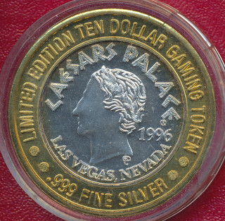 1996 CAESARS PALACE LAS VEGAS NV $10 SILVER STRIKE 999 SILVER CASINO PLAYED