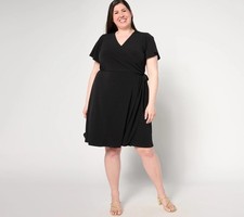Susan Graver Regular Liquid Knit Faux Wrap Dress Black L New