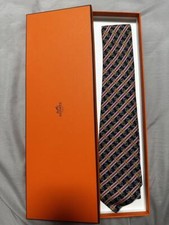 New Unused HERMES Neck Tie Skinny Navy Stripe 100 Silk With Box Made in France