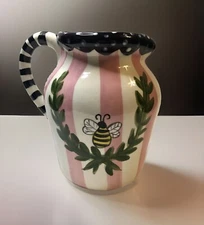 WHIMSICAL ART POTTERY PITCHER w/Bee LYNN MORRIS DESIGNS Stripe Signed 6.5" H