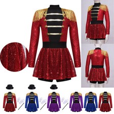 US Kid Girls Shiny Sequins Ringmaster Jumpsuit Leotard Circus Lion Tamer Costume